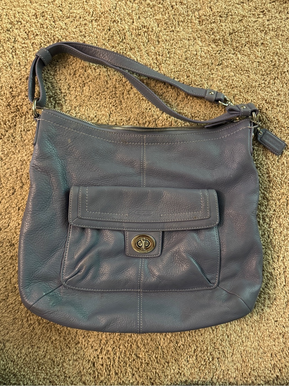 Leather Coach Shoulder Bag in periwinkle blue gray